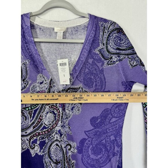 Chicos One Button Cardigan 1/Medium Purple Paisley Rhinestone V-Neck Sweater NEW - Picture 5 of 7